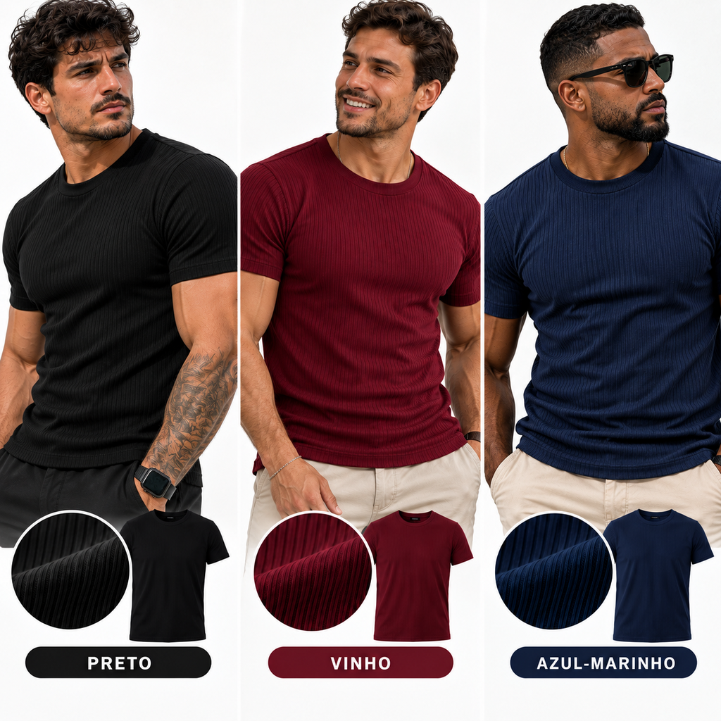 VERON™ Trio Slim | Kit 3 Camisetas Caneladas Masculinas — Estilo e Caimento que Valoriza