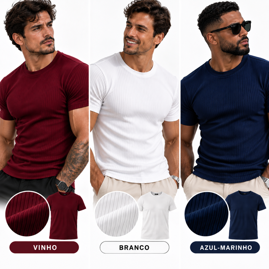 VERON™ Trio Slim | Kit 3 Camisetas Caneladas Masculinas — Estilo e Caimento que Valoriza