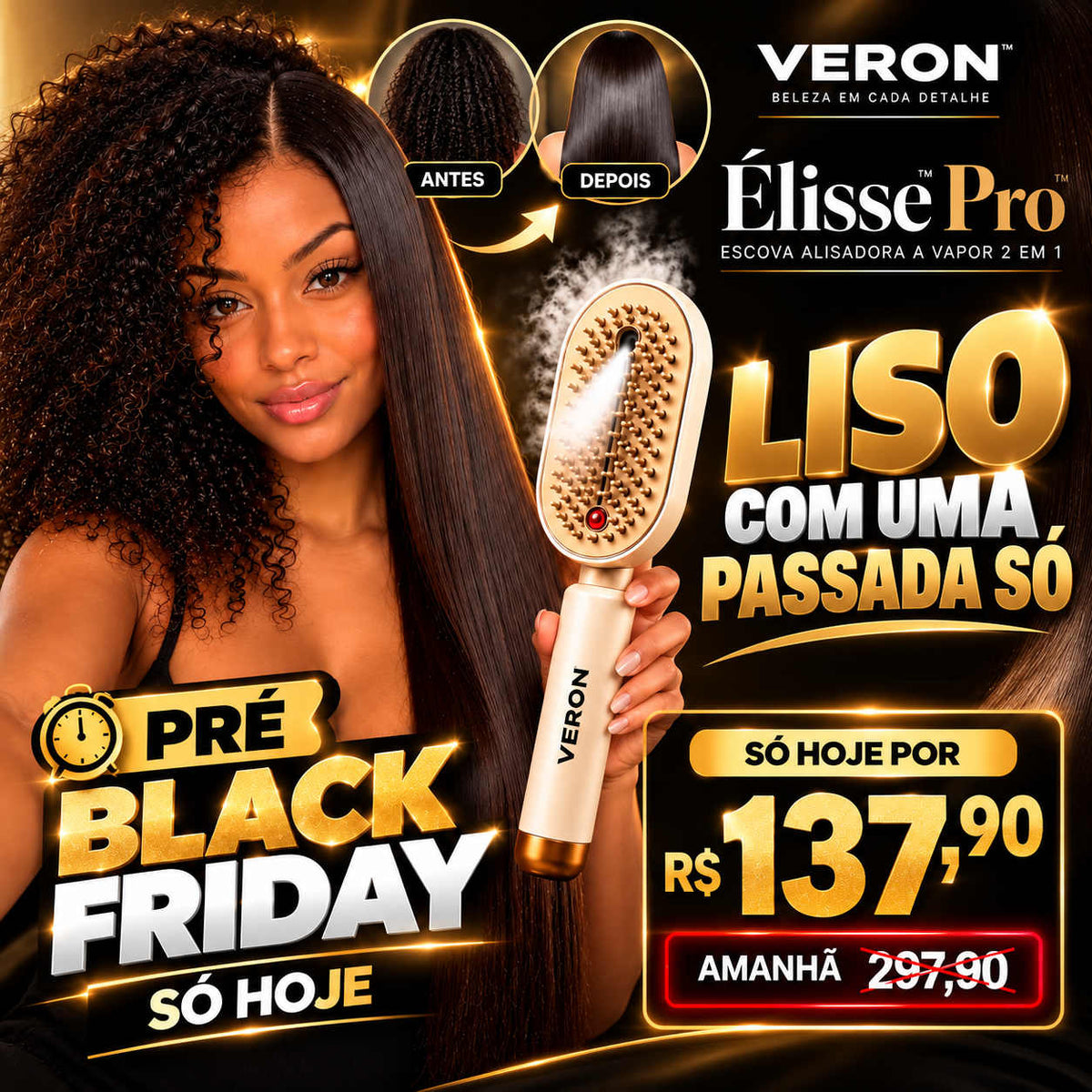 VERON™ Élisse Pro | Escova Alisadora a Vapor 3 em 1 — Alisa, Modela e Reduz o Frizz