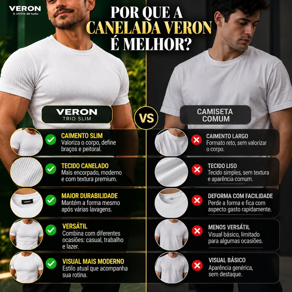 VERON™ Trio Slim | Kit 3 Camisetas Caneladas Masculinas — Estilo e Caimento que Valoriza