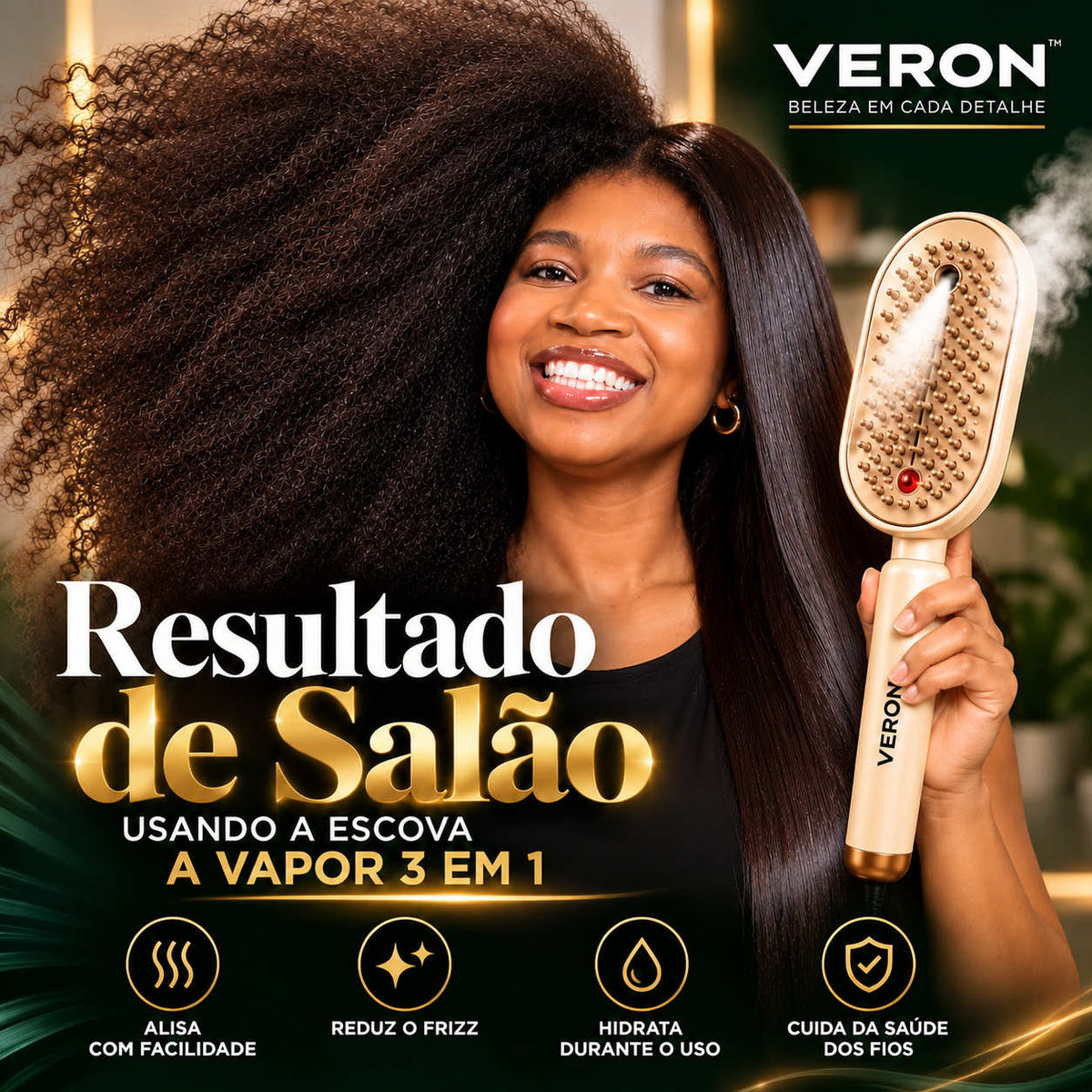 VERON™ Élisse Pro | Escova Alisadora a Vapor 3 em 1 — Alisa, Modela e Reduz o Frizz