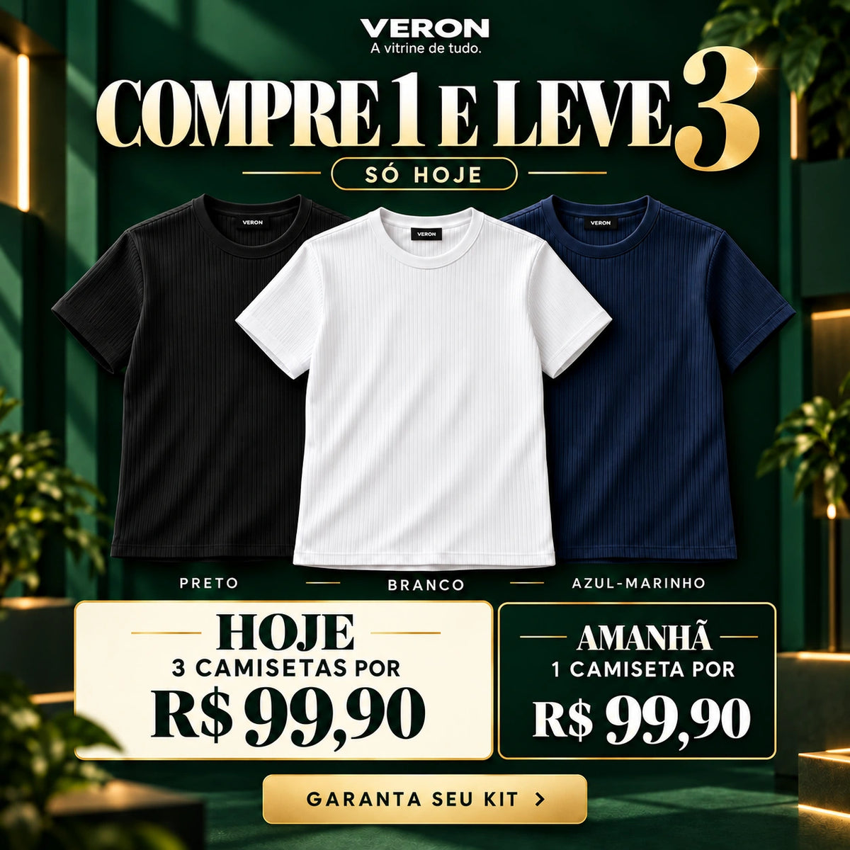 VERON™ Trio Slim | Kit 3 Camisetas Caneladas Masculinas — Estilo e Caimento que Valoriza