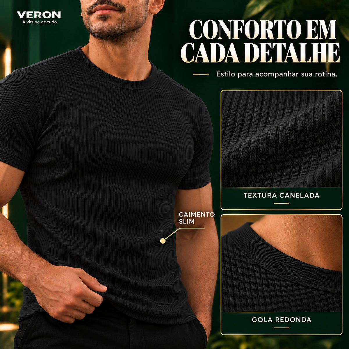 VERON™ Trio Slim | Kit 3 Camisetas Caneladas Masculinas — Estilo e Caimento que Valoriza