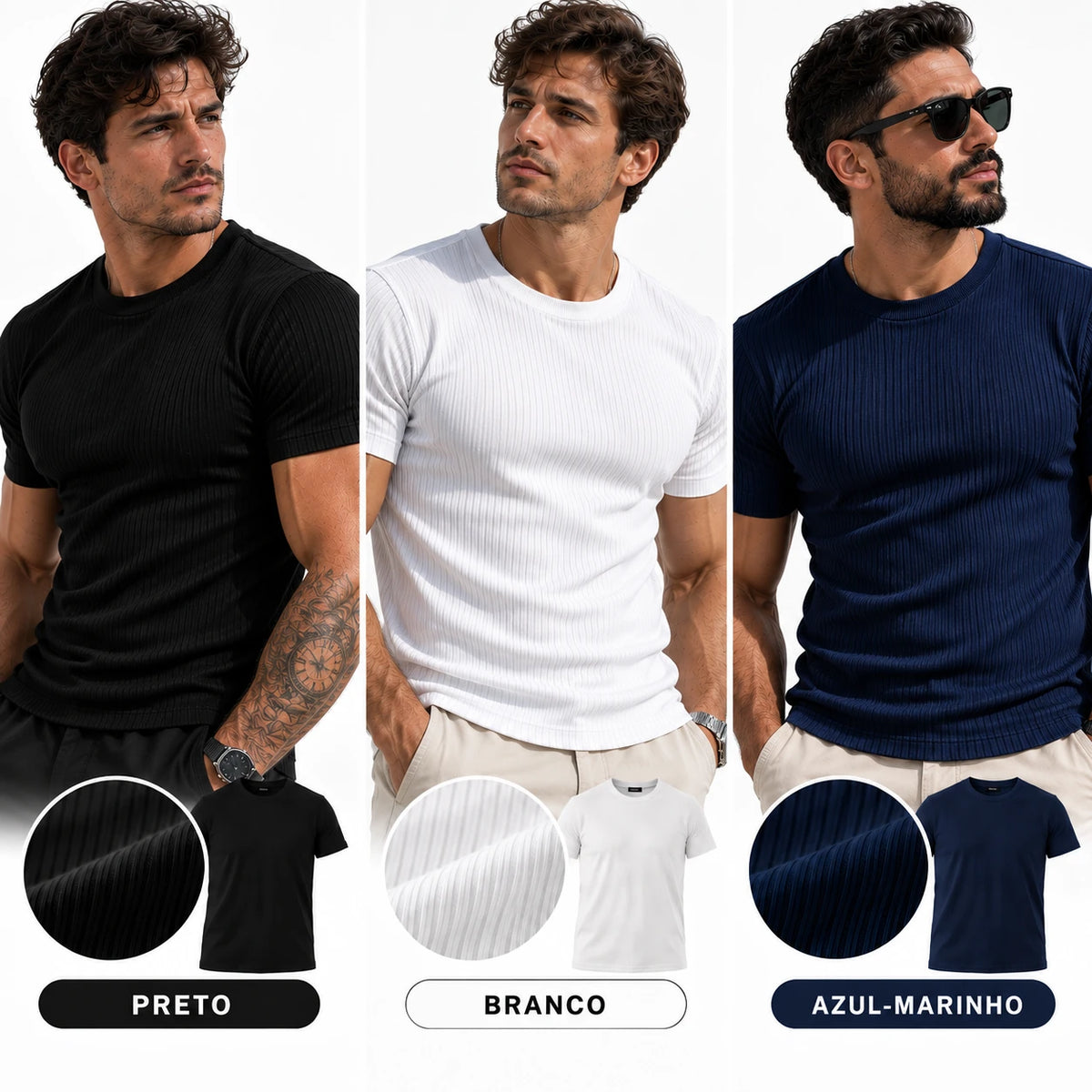 VERON™ Trio Slim | Kit 3 Camisetas Caneladas Masculinas — Estilo e Caimento que Valoriza