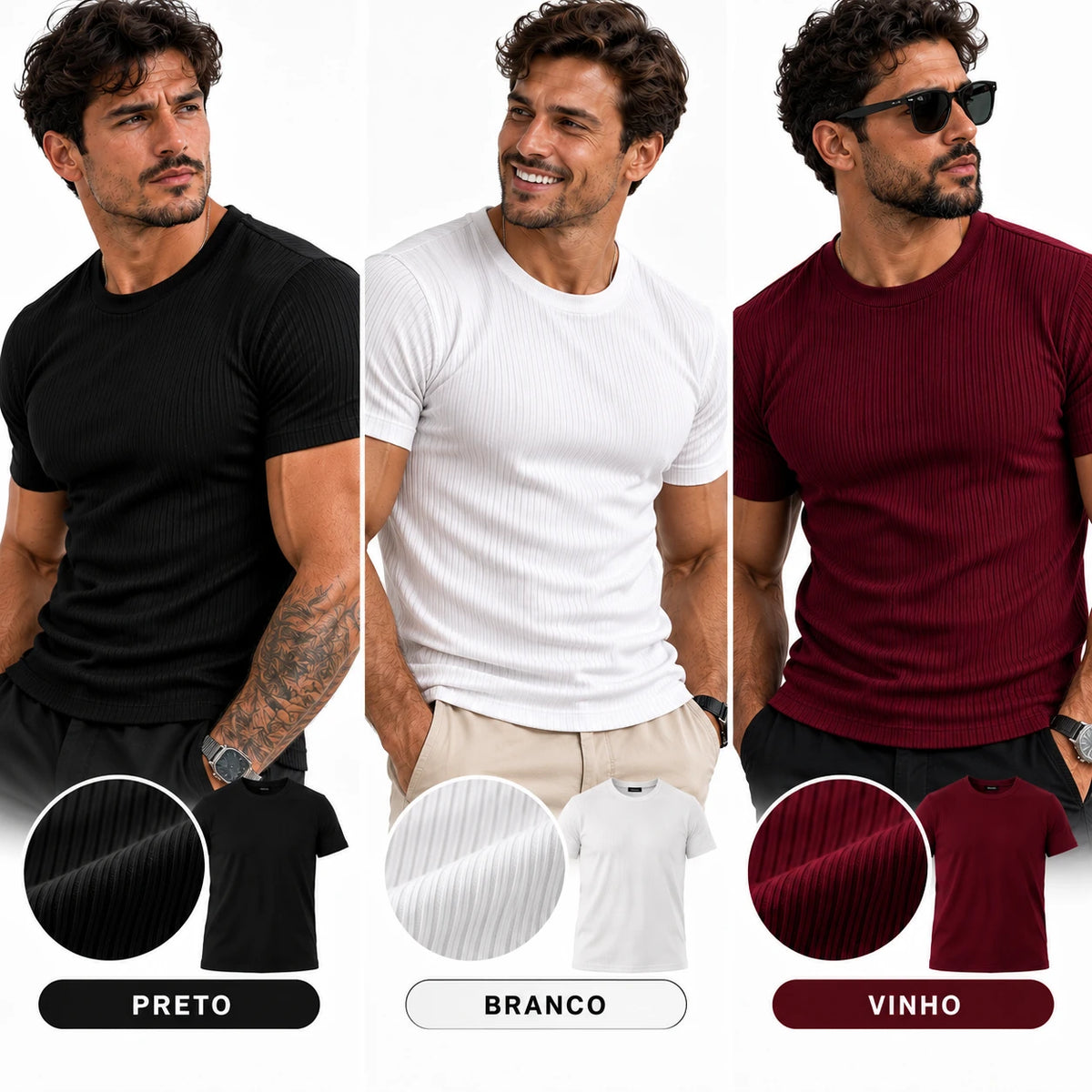 VERON™ Trio Slim | Kit 3 Camisetas Caneladas Masculinas — Estilo e Caimento que Valoriza